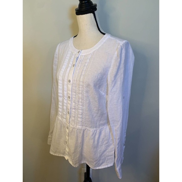 Vineyard Vines White Linen Button Front Long Roll Tab Sleeves Size 6 Ruffle Hem - Picture 4 of 6